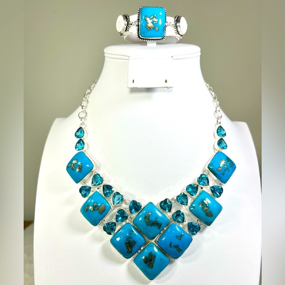 Persian Turquoise 925 Large Gemstone Necklace & Bracelet ONLY (synthetic) - Picture 1 of 9